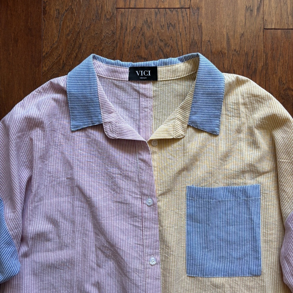 Vici Oversized Patchwork Pinstripe Button Down | … - image 3